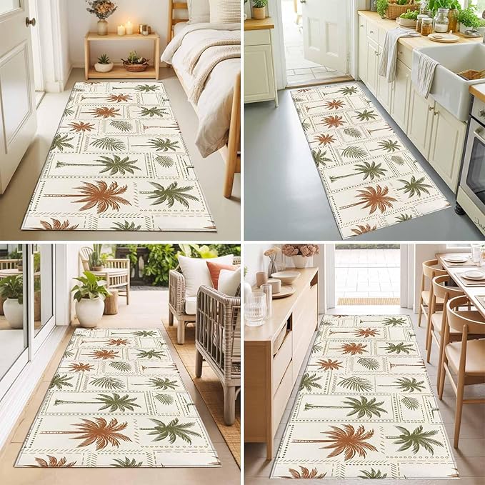 Runner Rug for Bedroom Hallway, Vintage Coconut Tree Palm Leaves Kitchen Runner Rugs Area Rug 2x6ft, Farm Tropical Plant on Beige Washable Soft Floor Carpet for Entryway Stair