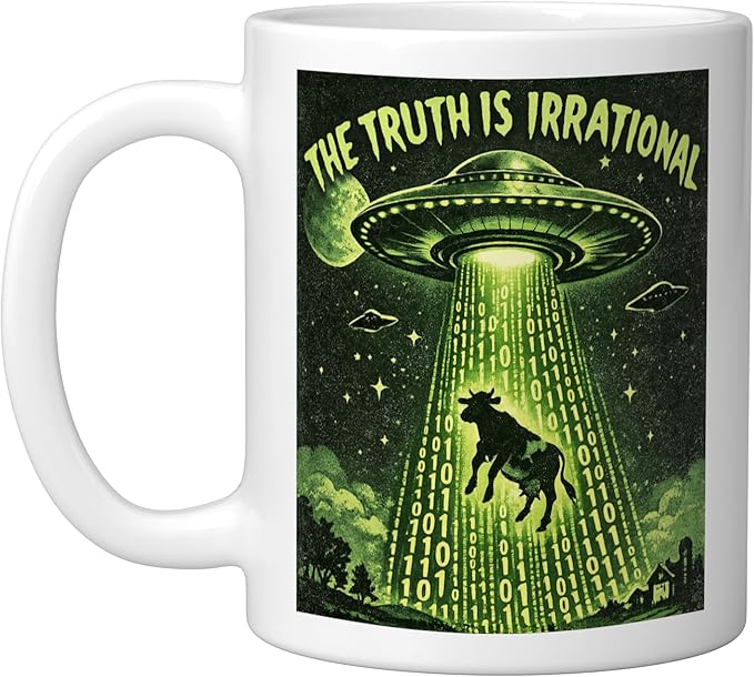 UFO The Truth Is Irrational Cow Abduction 3.14 Math Pi Day Ceramic Mug, White
