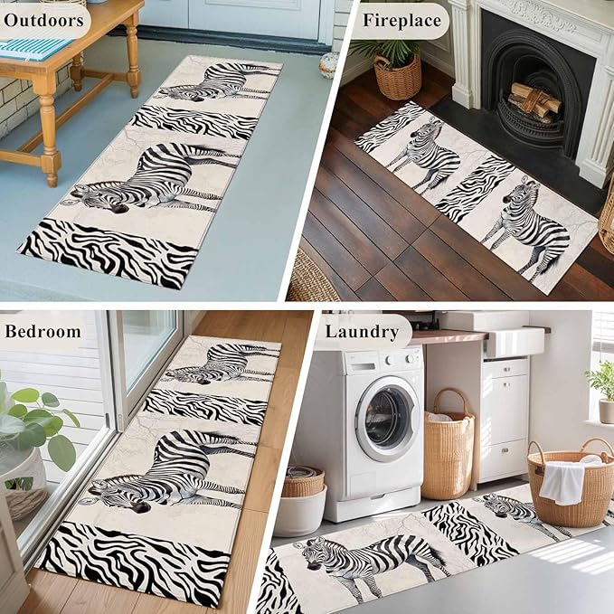 Runner Rug for Bedroom Hallway, Zebra Black Stripe Animal Portrait Kitchen Runner Rugs Area Rug 2x6ft, Vintage Tree Branch Washable Soft Floor Carpet for Entryway Stair