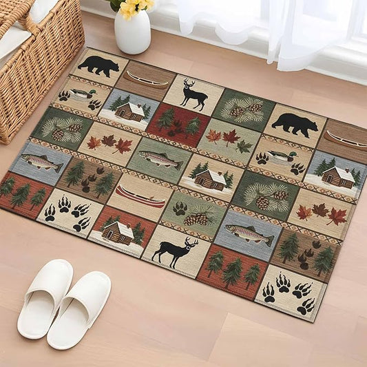 Area Rug 2x3ft, Vintage Bear Forest Deer Fish Village Washable Rugs for Living Room Bedroom, Retro Wildlife Themes Soft Non-Slip Area Rugs Rectangle Floor Carpet for Dining Room