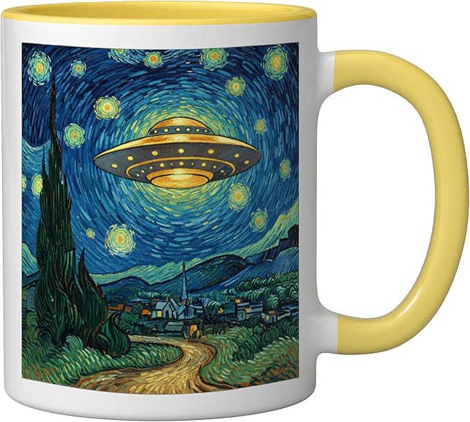 Ufo Over Starry Night Van Gogh Style Sci Fi Saucer Art Ceramic Mug, Yellow/White