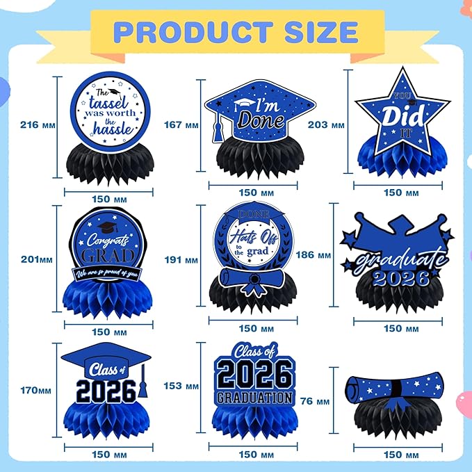Graduation Decorations 2026 - Blue Graduation Honeycomb for Table Centerpiece | Graduation Party Decorations Class of 2026,Table Toppers for Graduation Party Favors Supplies Indoor Outdoor
