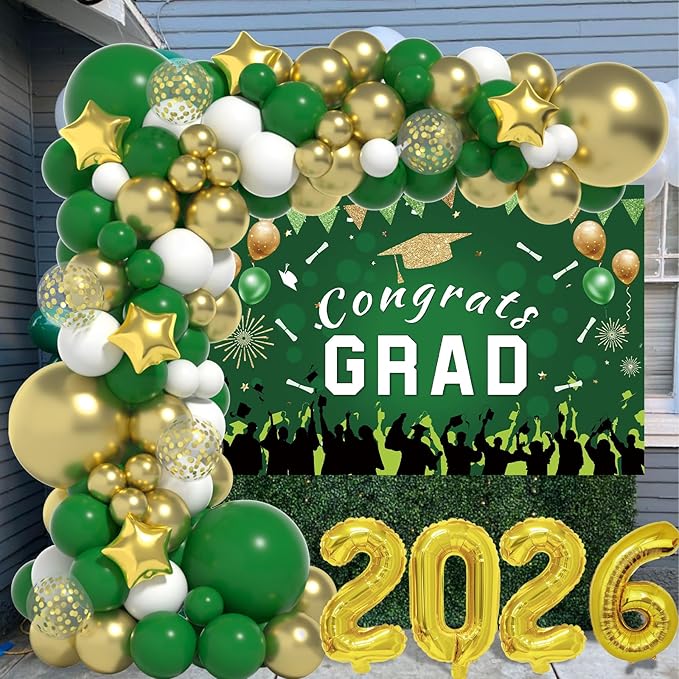 Graduation Decorations Class Of 2026: Green and Gold 2026 Graduation Decorations Balloon Arch Kit Congrats Grad Backdrop 136PCS Party Supplies for High School & College Celebrations