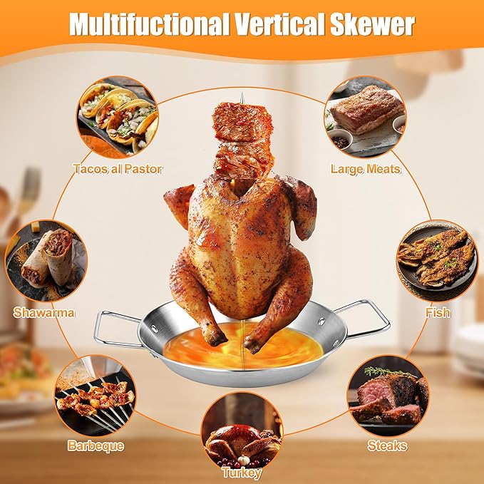 10 Inch Al Pastor Skewer for Grill, Stainless Steel Vertical Skewer Pan Vertical Rotisserie with 3 Removable Barbecue Skewers (8" 10" 12") Gloves and Mat for Tacos Al Pastor Shawarma Grill Oven Smoker