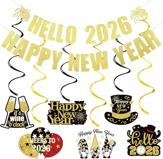 Gold Glitter Hello 2026 Happy New Year 2026 Banner Happy 2026 New Years Eve banner 2026 for Happy New Year 2026 Party Decorations