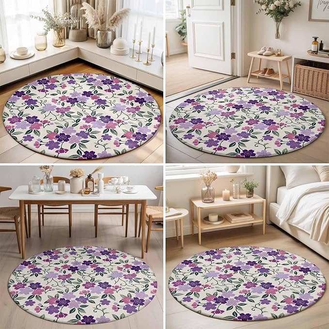 Washable Round Area Rug Watercolor Country Flowers Circle Rugs Floor Carpet for Living Room Bedroom, Plum Blossoms on Linen Soft Non Slip Round Rug 5ft
