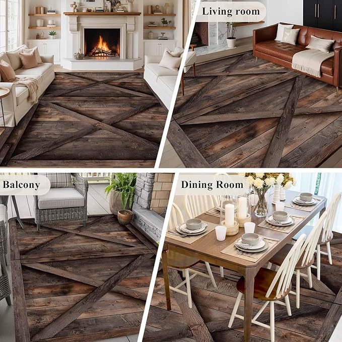 Area Rug 6x9ft, Vintage Farmhouse Barn Washable Rugs for Living Room Bedroom, Country Wooden Plank Soft Non-Slip Area Rugs Rectangle Floor Carpet for Dining Room