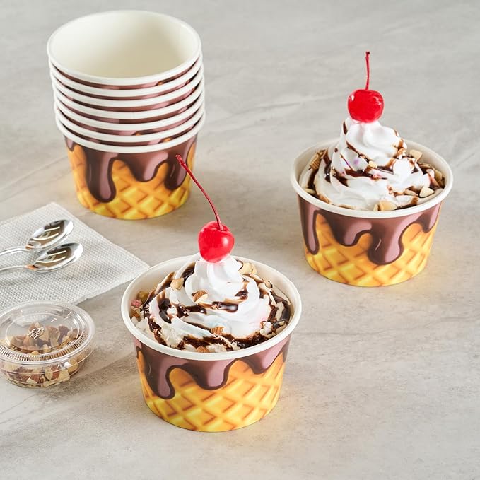 Restaurantware Ice Cream Cups 50 Pack of 8 oz Leak-Resistant Disposable Dessert Bowl Frozen Yogurt Cup Round Paper Container For Cold And Hot Desserts
