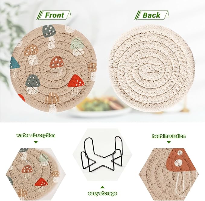 YETTASBIN Mushrooms 6 Pcs Drink Coasters with Holder, Cotton Woven Absorbent Heat-Resistant Round Coaster Non-Slip Table Mat for Kitchen Bar Home Decor Housewarming Gift, 3.9 in