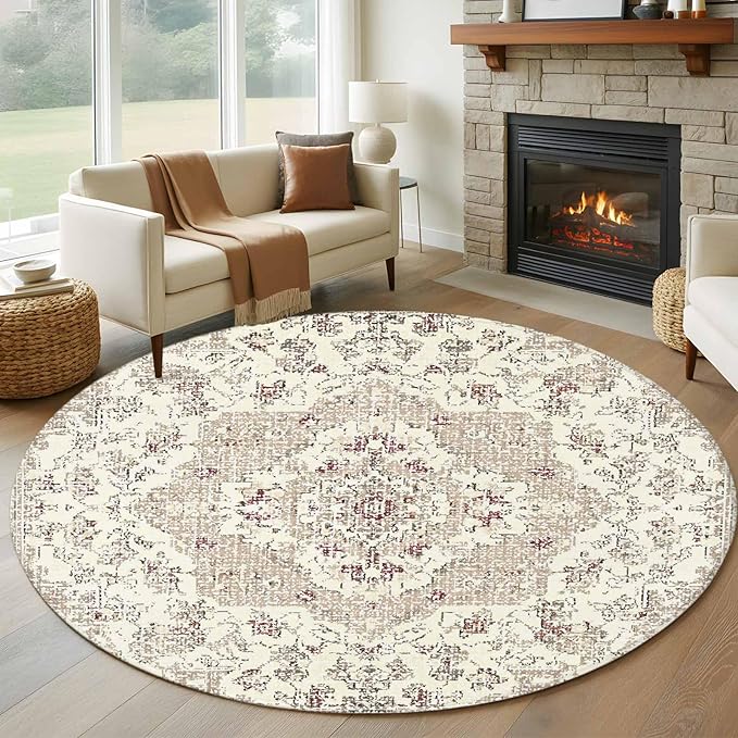 Beige Boho 6ft Round Rug, Vintage Ethnic Floral Non-Skid Rubber Backing Large Area Rugs - Living Room Bedroom Home Office, Abstract Art Geometric Indoor Floor Mat Carpets Washable Rug