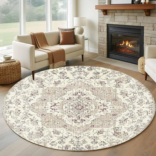 Beige Boho 5ft Round Rug, Vintage Ethnic Floral Non-Skid Rubber Backing Large Area Rugs - Living Room Bedroom Home Office, Abstract Art Geometric Indoor Floor Mat Carpets Washable Rug