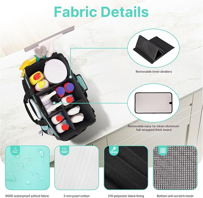 JKAOO Large Wearable Cleaning Caddy Bags, Cleaning Supplies Storage Bag with Handles and Adjustable Shoulder Strap and Removable Waist Straps,Waterproof Cleaning Tote for Home,Car,Office