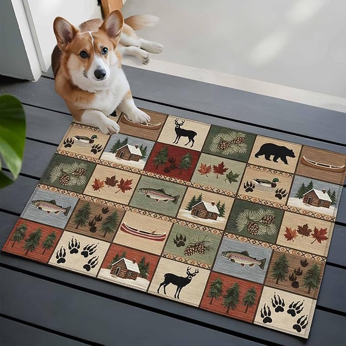 Area Rug 2x3ft, Vintage Bear Forest Deer Fish Village Washable Rugs for Living Room Bedroom, Retro Wildlife Themes Soft Non-Slip Area Rugs Rectangle Floor Carpet for Dining Room