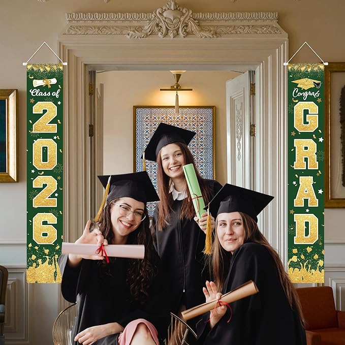 2026 Graduation Party Decorations - Green Gold Class of 2026 Congrats Grad Porch Sign Banner Hanging Flag Graduation Party Supplies for School College Classroom Decor
