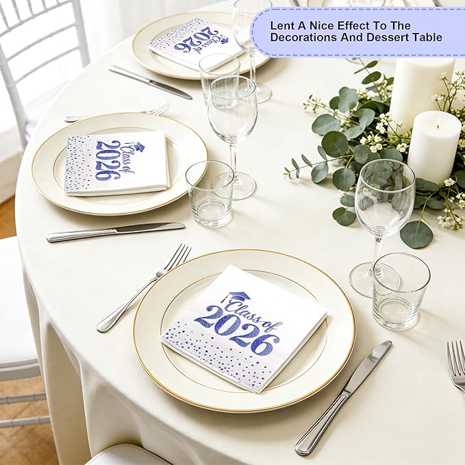 Graduation Napkins - Class of 2026 Napkins Disposable Paper Napkins Congrats Grad Cocktail Napkins Graduation Decorations 2026 Blue Napkins Hand Towels for College Graduation Party Decorations 100 Pcs