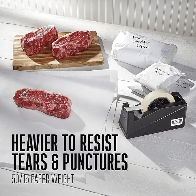 Weston Heavy-Duty Freezer Paper Roll with Cutter Box, 15"x150', Single-Sided Plastic Coating Prevents Sticking, For Meat, Fish, Vegetables (83-4000-W)