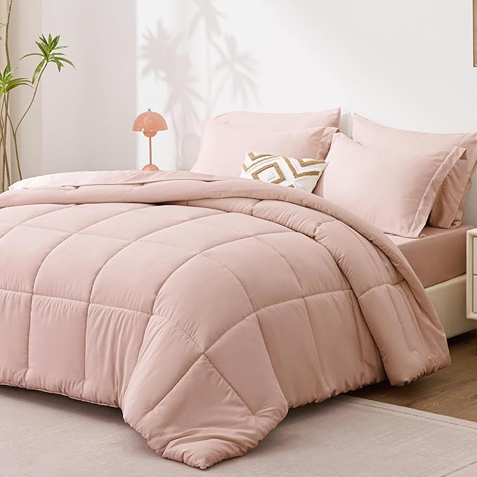 Love's cabin King Size Comforter Set Blush Pink, 7 Pieces King Bed in a Bag, All Season Bedding Sets with 1 Comforter, 1 Flat Sheet, 1 Fitted Sheet, 2 Pillowcase and 2 Pillow Sham | Soft, Breathable, Lightweight, Comfortable