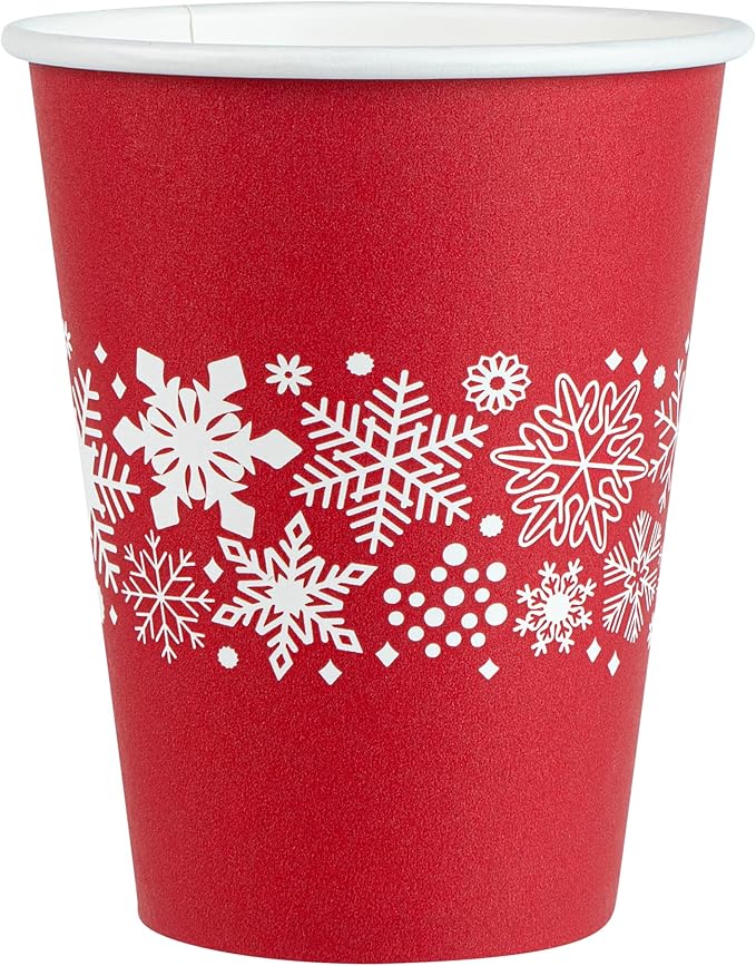 Restaurantware-Restpresso 12 Ounce Disposable Drinking Cups, 20 Hot Cups With Plastic Lids - Snowflake Design, Rolled Rim, Red Paper Coffee Cups, For Christmas Parties, Serve Hot And Cold Drinks