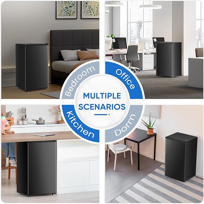 NEWBULIG Mini Fridge with Freezer 3.2 Cu.Ft Small Refrigerator for Office, Dorm, Small Fridge with Adjustable Thermostat, Energy Saving, Singel Door, Black