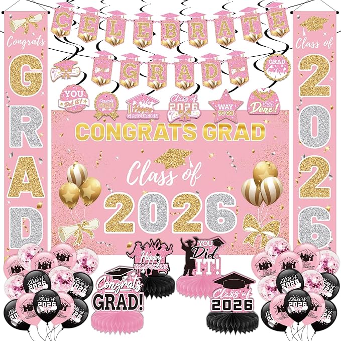 Pink 2026 Graduation Party Decor Kit-Includes Backdrop, Banner, Balloons, Hanging Ornaments & Honeycomb Decorations for Class of 2026 -Full Set for High School and University Graduation Events
