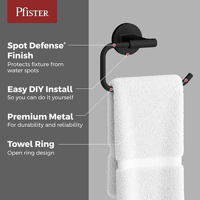 Pfister Capistrano Towel Ring, Hand Towel Holder for Bathroom, Wall-Mounted, Screw-in, Matte Black Finish, BRBCSO0B