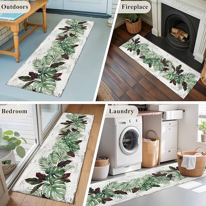 Runner Rug for Bedroom Hallway, Summer Green Monstera Palm Leaves Kitchen Runner Rugs Area Rug 2x6ft, Vintage Botantical Washable Soft Floor Carpet for Entryway Stair