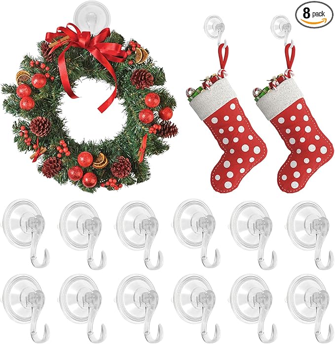 8Pcs Clear Suction Cup Wreath Hanger, 22LB Large Plastic Shower Suction Cup Hooks 2.75" Removable Reusable Waterproof Heavy Duty Wreath Holder for Glass Door Bathroom Kitchen Window Towel Wall Tile