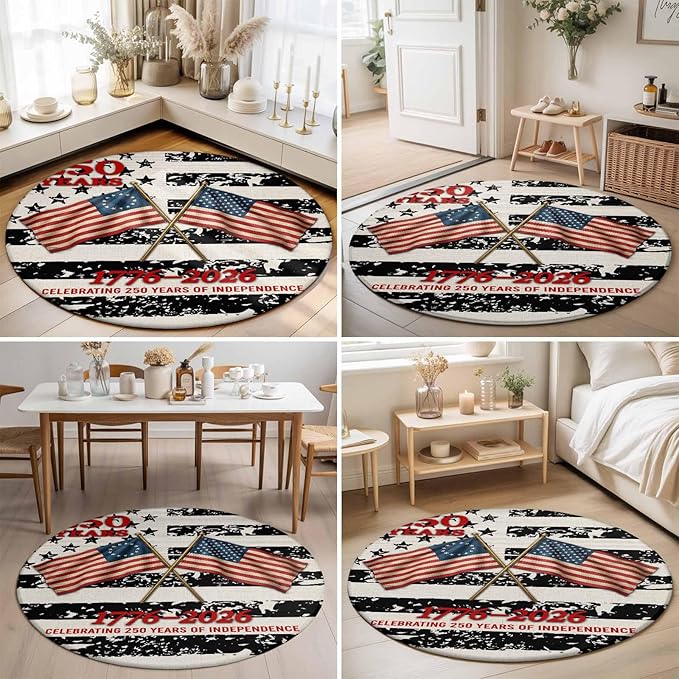 Washable Round Area Rug Independence Day 250th Anniversary Circle Rugs Floor Carpet for Living Room Bedroom, Retro USA Flags Soft Non Slip Round Rug 5ft