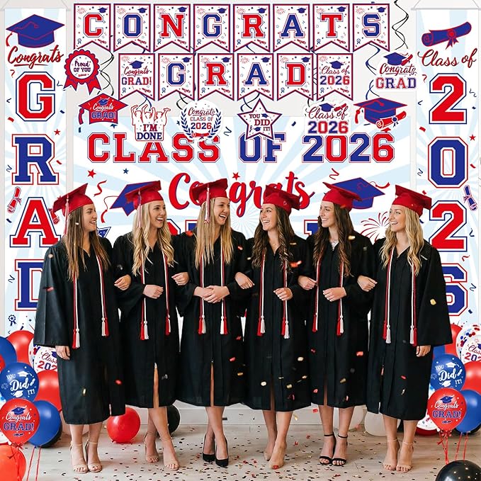 Graduation Decorations 2026 - Red and Blue Graduation Party Supplies Congrats Grad Backdrop & Banner, Hanging Swirls, Porch Sign, Balloons for High School & College Celebrations