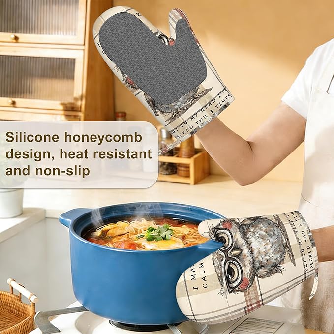 Funny Owl with Sunglasses Oven Mitts and Pot Holders Sets of 4, Heat Resistant Vintage Plaid Silicone Oven Mitts Gloves Non-Slip Kitchen Mittens Potholders for Cooking Baking Grilling BBQ