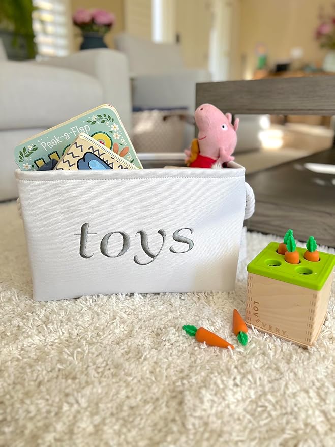 APPLE PIE ORDER Nursery basket, Storage & organizer Bin for Baby, Diapers, Wipes, Books, Toys. White Canvas fabric Decorative Box with Embroidering. (Toys - Gray, Medium)