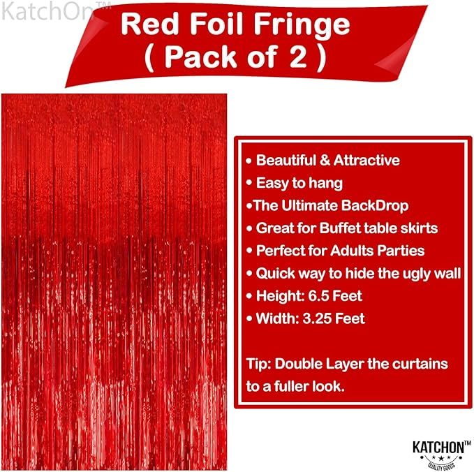 KatchOn, Large Red Streamers for Red Party Decoration - Pack of 2 | Graduation Fringe Backdrop for Nurse Graduation Decorations 2026 | Foil Fringe for Carnival, Casino Theme Party Decorations