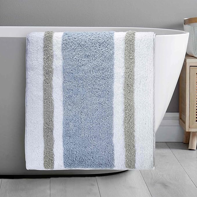 Izod - Bath Mat, Cotton Bath Rug with Non-Skid Latex Backing, Striped Bathroom Decor, Dorm Room Essentials (Clubhouse Blue, 20" x 32")
