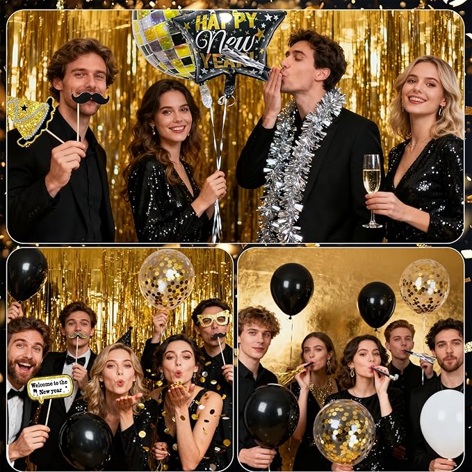 Happy New Year Decorations 2026, Foil Balloon Fringe Curtains Latex Balloons Curtains Photography Backdrops Photo Booth Props Blowouts for New Years Eve Celebration