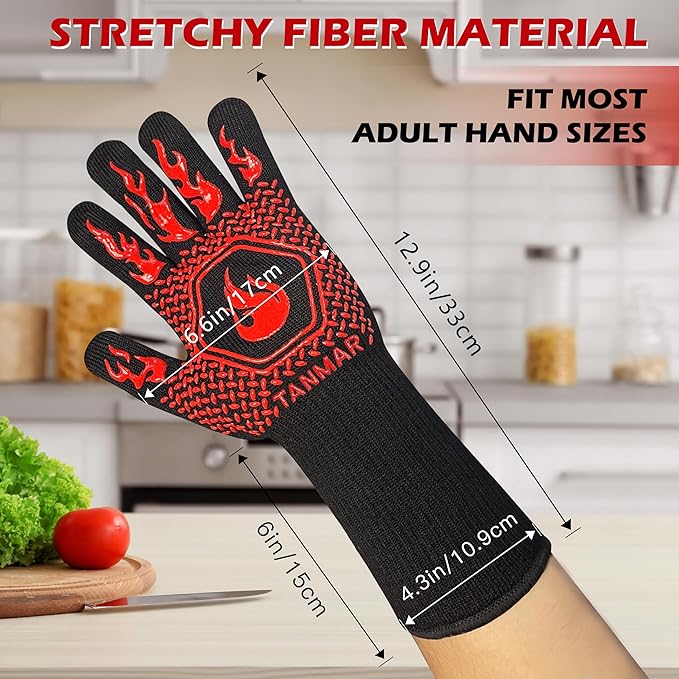 BBQ Grill Gloves, 1472°F Extreme Heat Resistant Grilling Gloves Non-Slip Oven Mitts Potholder, Perfect for Barbecue, Cooking, Baking, Fireplace, Smoker - 2 Pair (Red and Black)