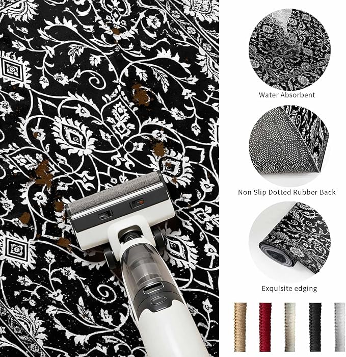 Washable Round Area Rug Paisley Vintage Black Floral Circle Rugs Floor Carpet for Living Room Bedroom, Classic Flower Texture Soft Non Slip Round Rug 5ft