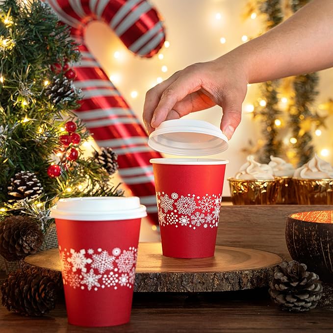 Restaurantware-Restpresso 12 Ounce Disposable Drinking Cups, 20 Hot Cups With Plastic Lids - Snowflake Design, Rolled Rim, Red Paper Coffee Cups, For Christmas Parties, Serve Hot And Cold Drinks