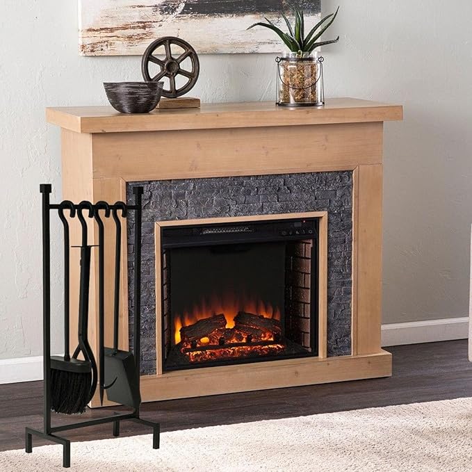 Heavy Duty Fireplace Tools Set Indoor with 31.5inch Holder - 23.6inch Extra Long Brush, Poker, Shovel & Hook - Premium Metal Fireplace Accessories Kit in Black or Bronze (Black)