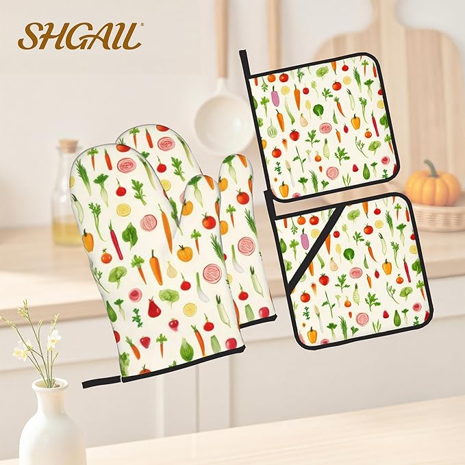 Oven Mitts and Hot Pads Set - Vegetables Pattern Funny Design, Heat Resistant Cute Pot Holders for Kitchen, Baking Gifts for Women