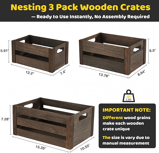 Edergoo Wooden Crates 3 Pack, Nesting Handmade Wood Crates for Storage, No Installation Wooden Storage Box with Cutout Handle for Display & Decor, Brown