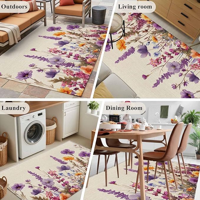 Area Rug 3x5ft, Country Flower Purple Lavender Plant Washable Rugs for Living Room Bedroom, Retro Linen Soft Non-Slip Area Rugs Rectangle Floor Carpet for Dining Room