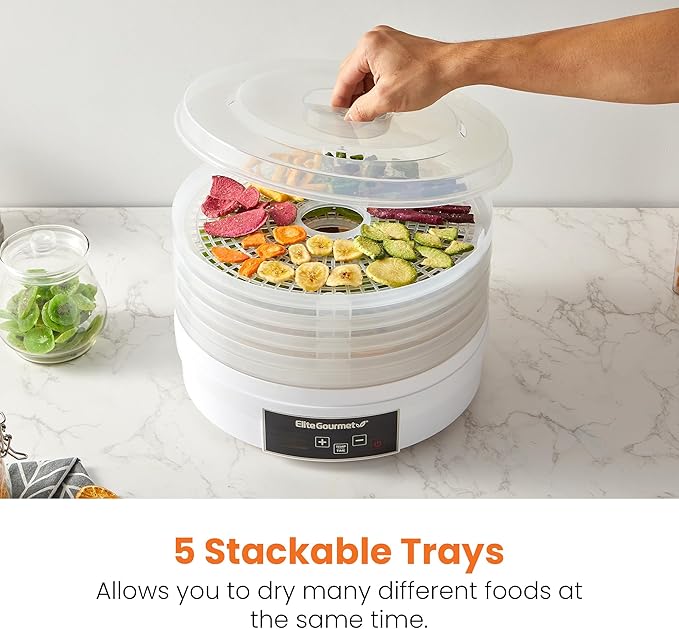 Elite Gourmet EFD770WD Digital Food Dehydrator with 5x12.5” BPA Free Trays, Adjustable 48-hr Timer and Temperature from 95~158F, Jerky, Herbs, Fruit, Veggies, Dried Snacks, White