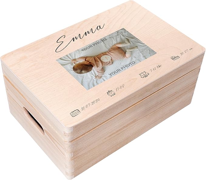 Creative Deco Personalized Wooden Storage Box Baby Memory Box | 11.8x7.87x5.51in (+-0.5) | Photo & Text | Lid Handles Engraving | Birth & Baptism | Gift Box | Rough UNSANDED Keepsake Souvenir Chest