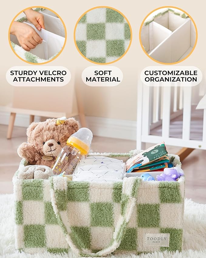 Checkered Diaper Caddy Organizer with Portable Changing Mat - Teddy Fleece Diaper Organizer for Changing Table - Caddy Organizer with Removable Dividers - Green and White