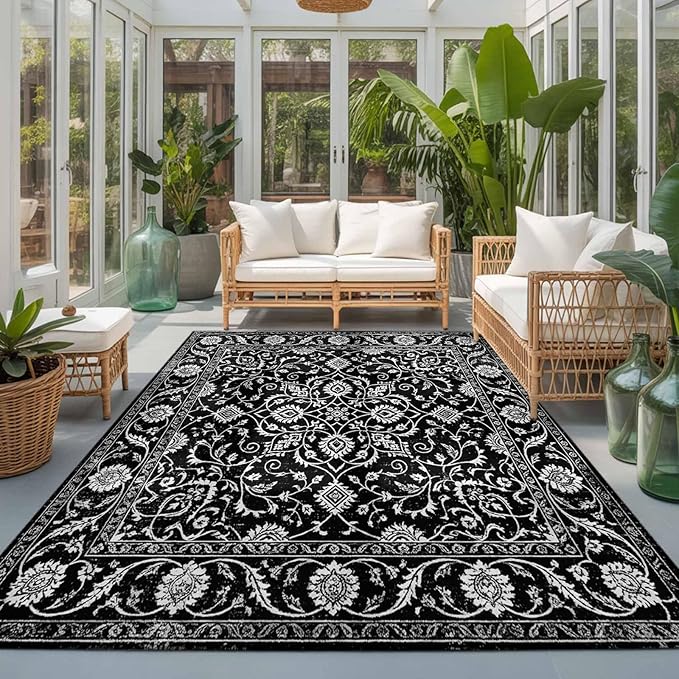 Area Rug 3x5ft, Paisley Vintage Black Floral Washable Rugs for Living Room Bedroom, Classic Flower Texture Soft Non-Slip Area Rugs Rectangle Floor Carpet for Dining Room