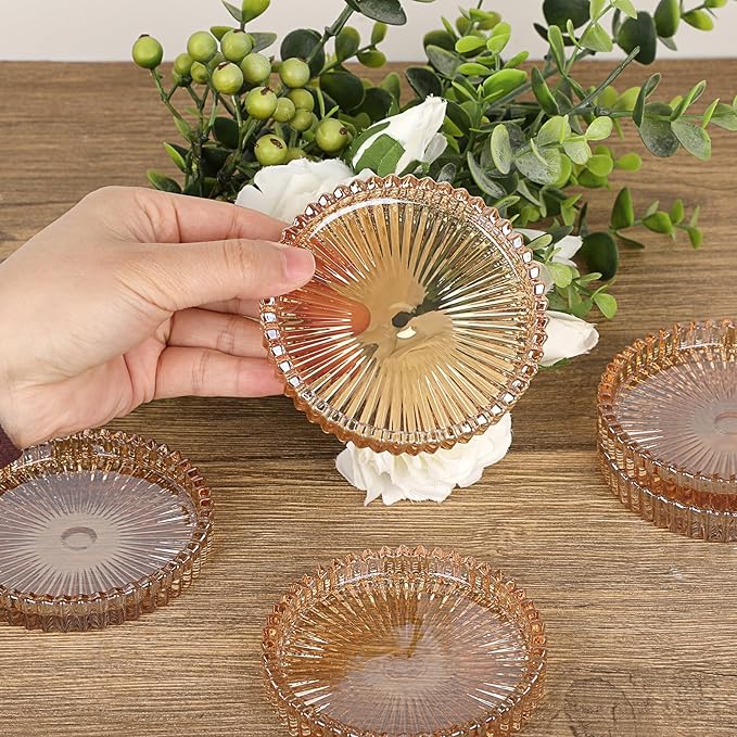 JUXYES 8 Pack Amber Tone Crystal Coasters Round Cup Mat, Glass Coasters for Drinks Coffee Tea Wine, Decorative Wine Bottle Coaster, Crystal Drink Coasters for Restaurant bar Kitchen Dining Table