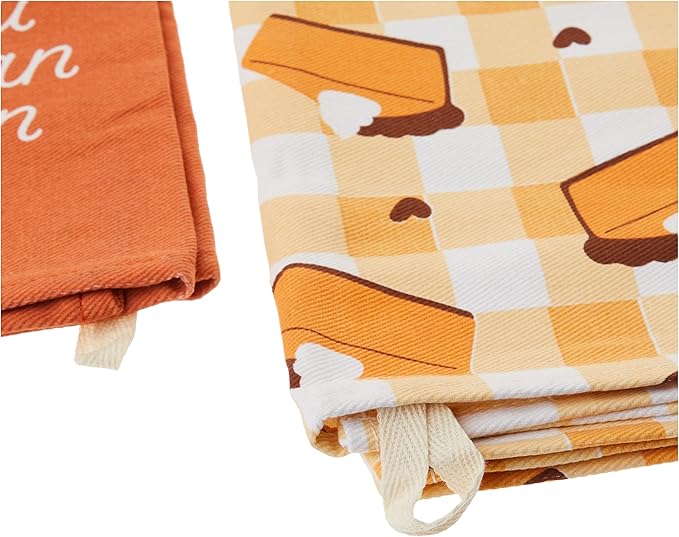 Pearhead Pumpkin Pie Dish Towels, Set of 2 Thanksgiving Kitchen Towels, Fall Décor with Pumpkin Pie Print and “Love You More Than Pumpkin Pie” Design, Seasonal Tea Towel Gift