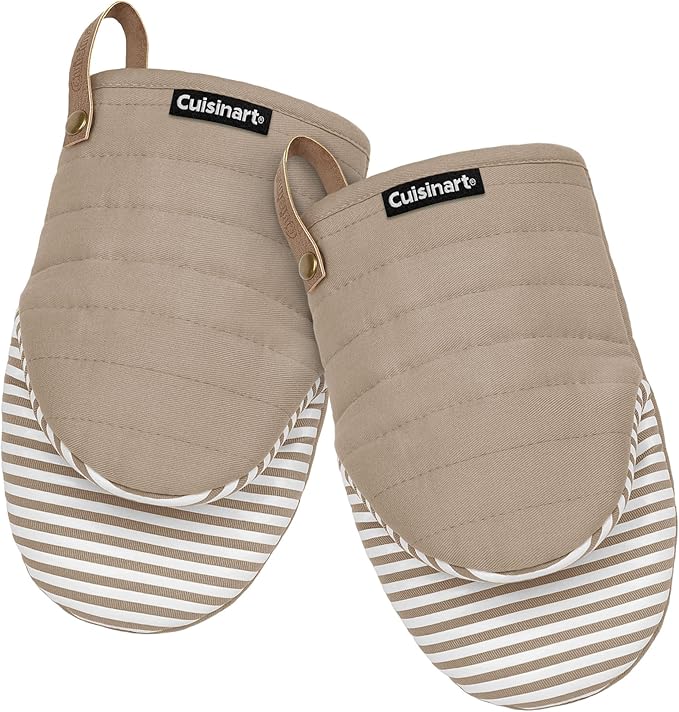 Cuisinart Mini Oven Mitts – 5.5” x 8” Heat-Resistant Kitchen Mitts for Oven with Non-Slip Printed Silicone, Cotton Filling, and Faux Leather Loop – Durable Oven Mitt Set for Cooking & Baking