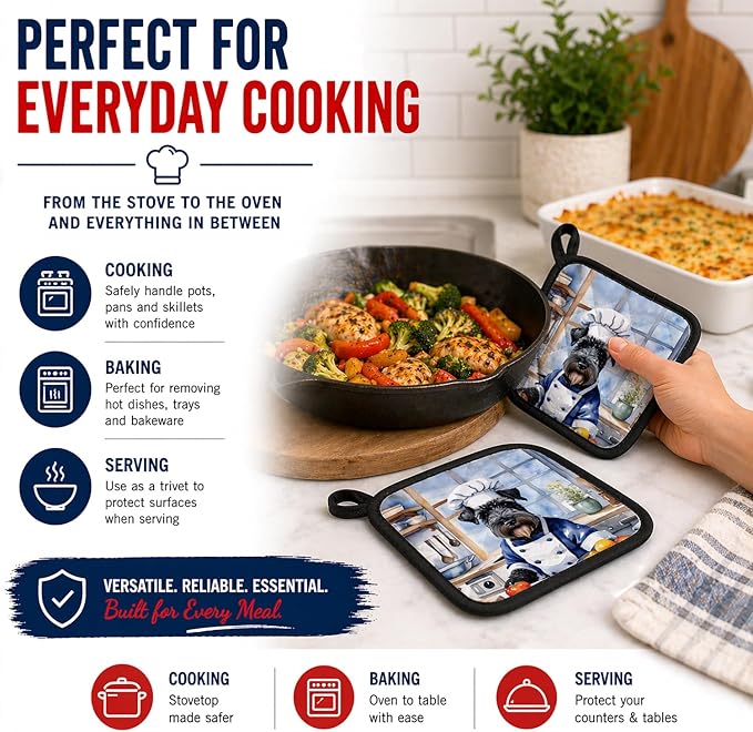 Caroline's Treasures Kerry Blue Terrier The Chef Pair of Pot Holders Kitchen Heat Resistant Pot Holders Sets Oven Hot Pads for Cooking Baking BBQ, 7 1/2 x 7 1/2