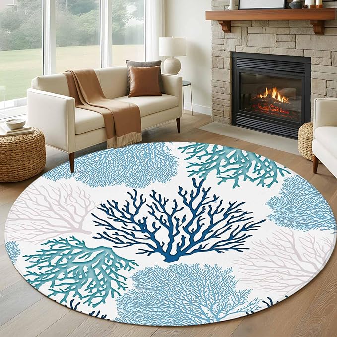 Washable Round Area Rug Classic Sea Blue Coral Circle Rugs Floor Carpet for Living Room Bedroom, Abstract Marine Life Scenery Soft Non Slip Round Rug 5ft